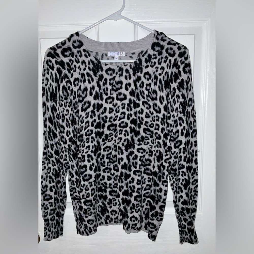 Black and Gray Crew Neck Sweater with Leopard Print